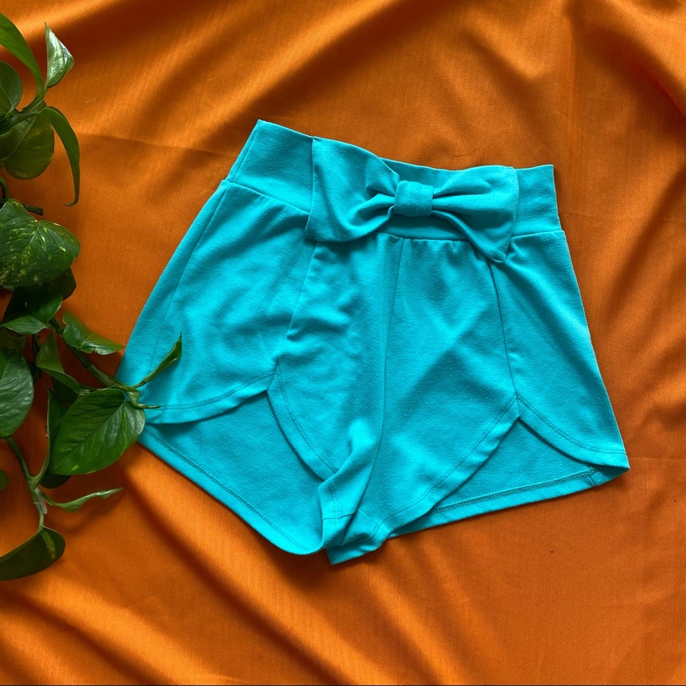 Teal Turquoise High Waist Bow Shorts